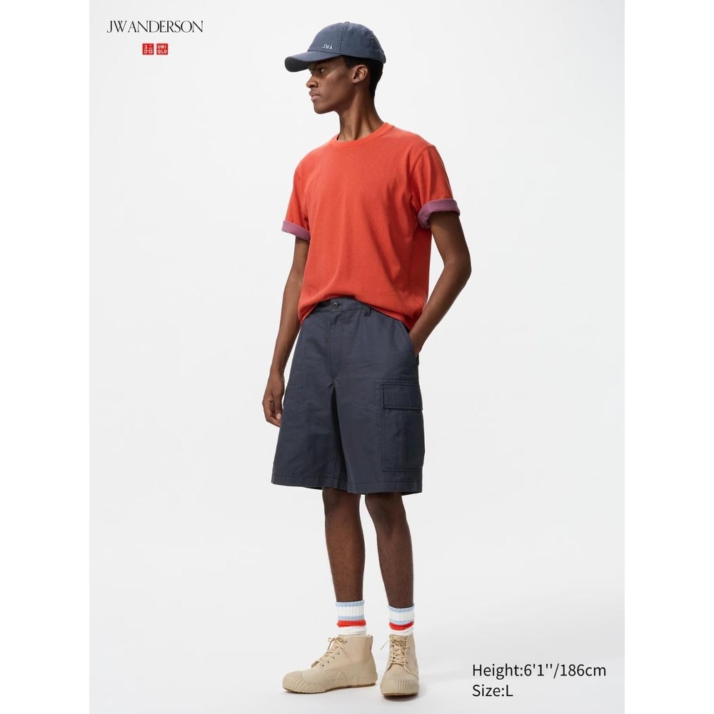 JW Anderson Uniqlo Relaxed Linen Cotton Military Cargo Shorts Men L Navy 10.5 in